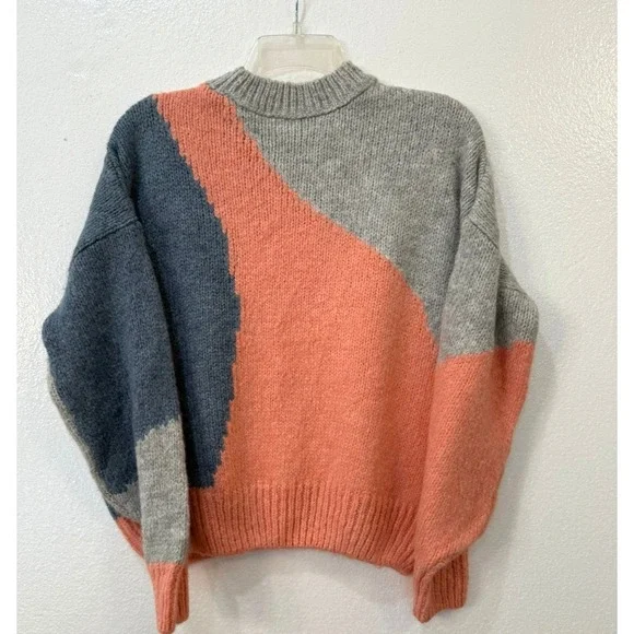 Top Shop Size Small Crewneck Abstract Oversize Crop Sweater Grey Peach Blue - Picture 3 of 5